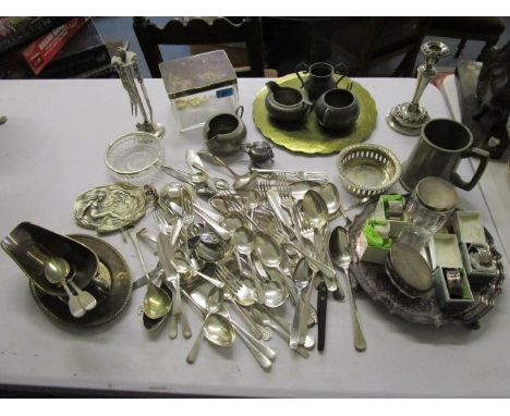 Mixed silver, silver plate and other metal ware to include two Georgian silver spoons, silver napkin rings and lidded glass d