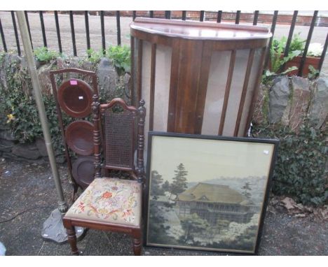 Mixed furniture to include a standard lamp, a 19th century child's chair, a cake stand, a display cabinet and a print on silk