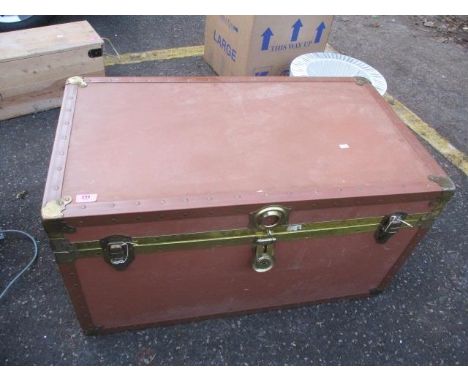 A mid 20th century leather and brass bound travelling trunk, 20" h x 35" w 