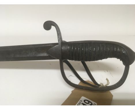 An Antique Sword with a scroll open guard wired grip and lightly engraved steel blade no scabbard. Length 89cm