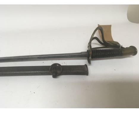 A 19th century cavalry sword with a brass hilt steel blade and with metal scabbard. Length 108cm.