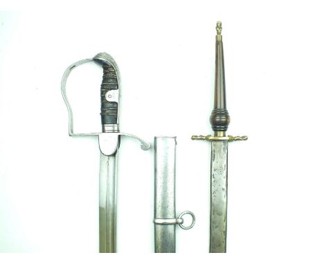 A Continental Cavalry Trooper's sword, 85.5cm curved blade, steel stirrup hilt, wire bound black painted wooden grip, contain