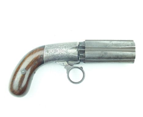 An 80-bore Cooper's Patent six-barrel percussion pepperbox revolver, 3inch barrels, border and scroll engraved rounded action