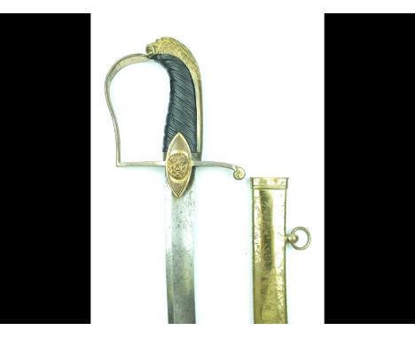 An early 19th Century Danish Cavalry Officer's sword, 80cm curved blade decorated with floral sprays, stands of arms the cyph