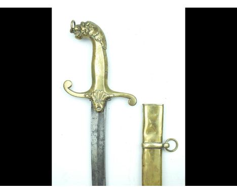 An early 19th Century Bandsman's sword or sidearm, 73.5cm curved fullered blade, cast brass hilt with recurved guard and lion