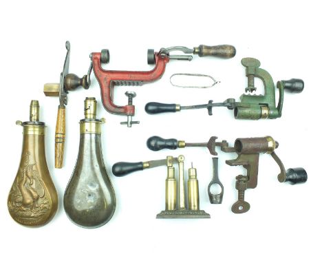 A James Dixon & Sons Horsleys patent capper decapper, together with three bench mounted reloading tools, bullet mould, pincer