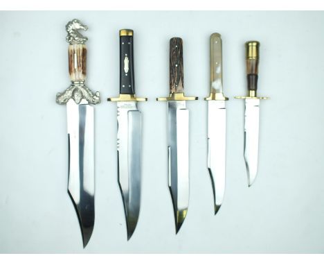 Five various modern Bowie knives by J.E. Middleton, each with its leather scabbard. (5)