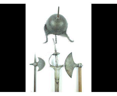 An Indian Kulakhud, decorated over all with caligraphy and foliage, mail neck guard, together with a firangi, two Indian axes