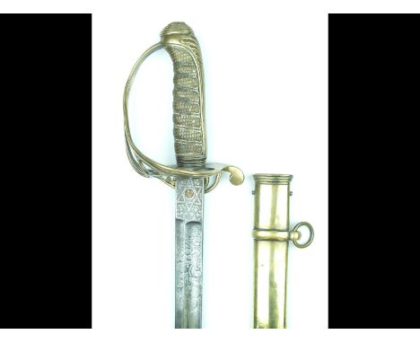 An 1822 Pattern Infantry Officer's sword, 79cm grey blade by RANKEN & CO. CALCUTTA, etched with scrolling foliage and crowned