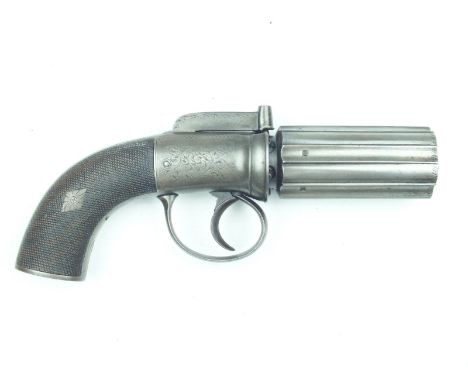 A 120-bore six-shot percussion pepperbox revolver by Marsh of Pontefract, 3inch fluted barrels with scalloped engraving at th