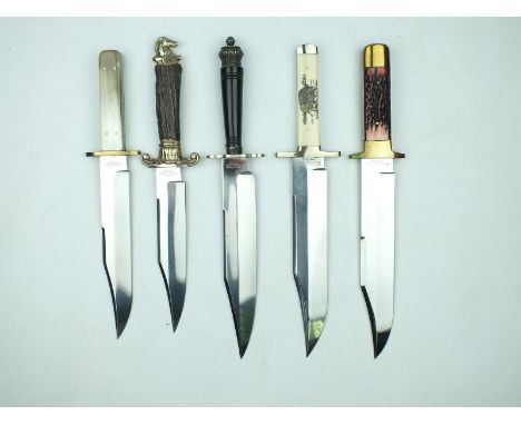 Five various modern Bowie knives by J.E. Middleton, each with its leather scabbard. (5)