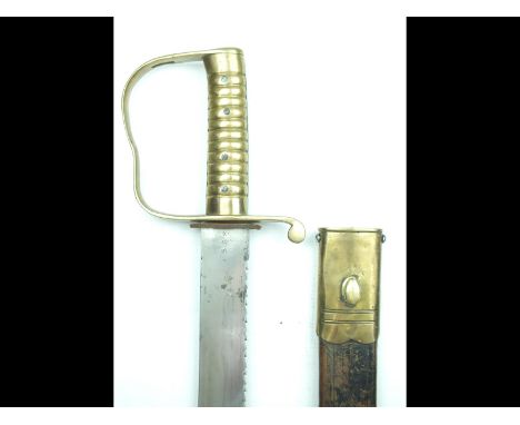 An 1856 Pattern Pioneer's sidearm, 57.5cm saw-backed blade with various Ordnance stamps, regulation brass stirrup hilt stampe