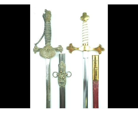 A Masonic or Society sword, 84cm blade etched with a single Maltese cross, gilt brass hilt with wire bound bone or marine ivo