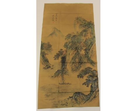 A Chinese signed landscape view woodblock and watercolour enhanced print on paper with artist certificate (63cm x 130cm)
