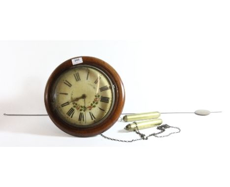 A painted dial mahogany framed postman's alarm clock. D. 31 cm.