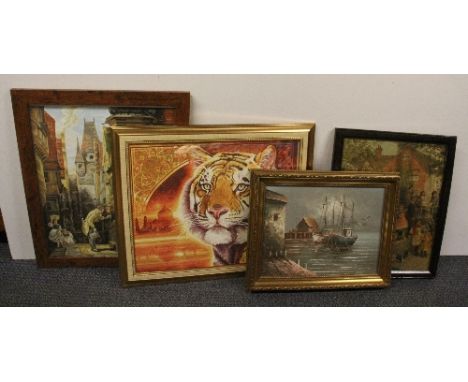 A gilt framed oil painting, two acrylics and a framed Victorian print.