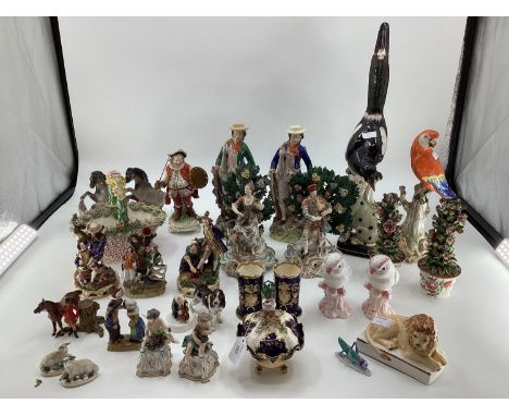 A Collection of C19th/C20th ceramics to include figurines, birds, and animal, to include a Herend grass hopper 