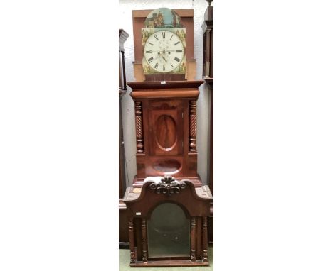 A large mahogany double wide longcase clock, white circular dial, signed Elias E Jones, Bathesda, with Automaton Arch and pai