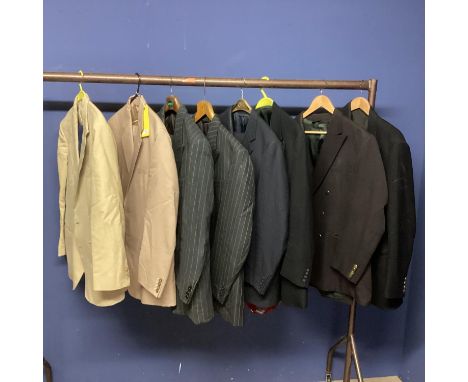 Quantity of good vintage gents clothing to include chalk stripe suite, blazers, suits, summer blazers etc, see photos size la