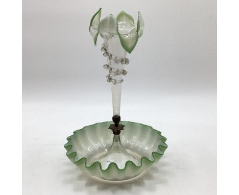 A glass epergne, with green fluted rim and top, 36cm H 