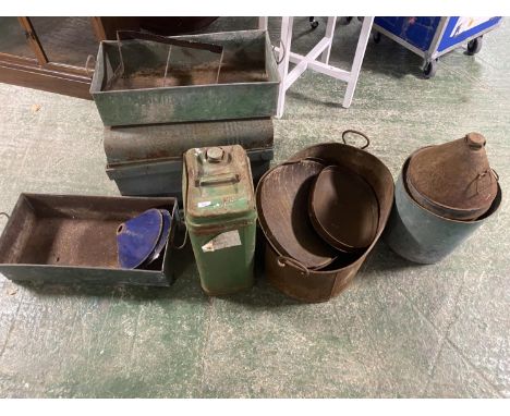 Quantity of vintage items, tin trunks, planters, fuel drums, bucket, and old irons etc, all weathered worn, as found 