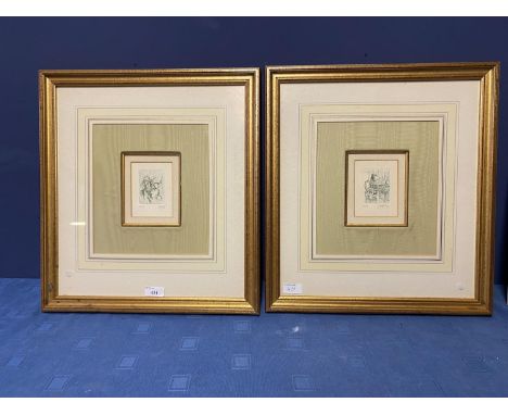 Pair of gilt glazed framed, and silk and card mounted drawings (?/or copies) of a frog and hound playing musical instruments,