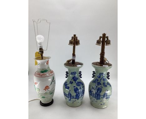 pair of C20th oriental baluster vases, converted to lamps with brass fittings, 59cm, and another C20th oriental vase, convert