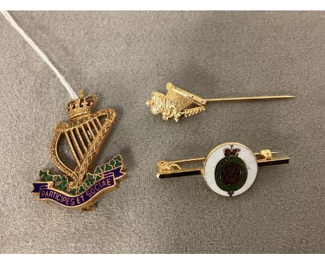 A 9ct gold and enamel sweet hearts brooch, Royal Ulster Constabulary 8.6g, together with a yellow metal tie and bar brooch