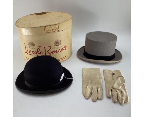 Vintage lot, Lincoln Bennett Bowler 7 1/4 and a Lincoln Bennett London hat box and a worn 71/4 grey topper  and a pair of Web
