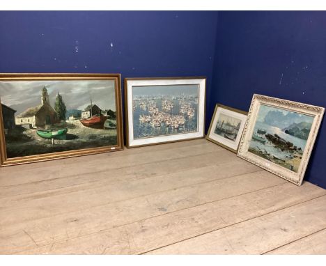 collection of framed artworks, to include Oil on canvas of a beach scene signed lower right Trot, an acrylic on canvas of a h