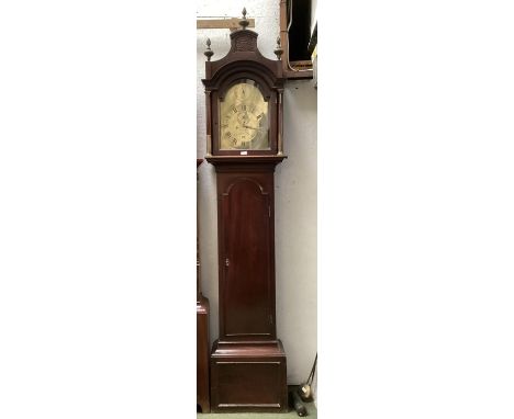 A longcase clock, brass arched vase, Roman numeral markers, signed RAINSFORD LEICESTER SQUARE, with weights and pendulum, in 