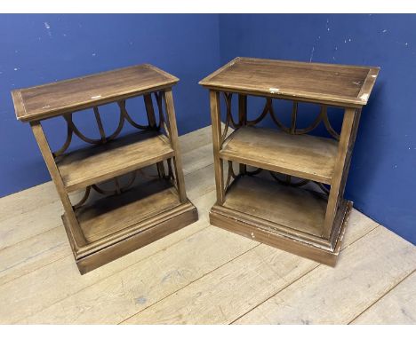 Two side tables with circular cut out design to back and central shelf , 64cmW x 80cmH x 39cmD, some general wear and chips 