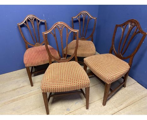 A set of 4 shield shaped back dining chairs, with red cheque upholstery, some general wear 