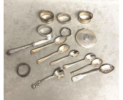 A collection of Sterling silver and white metal items to include compact, napkin ring, and other items, approx 220g gross 