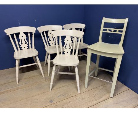 Four painted stick back chairs, and a Neptune stool 