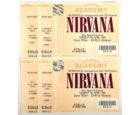 Nirvana - Two unused concert tickets for the cancelled UK Tour Date, Tuesday 5th April 1994 at London Brixton Academy, indivi