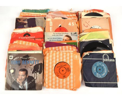 Vinyl records -  Approx 90 7 inch singles, some advance promo. Includes singles by The Beatles, The Fenmen, Frank D'rone, Sha