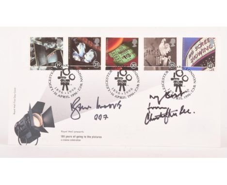 Autographs: Roger Moore and Christopher Lee - Autographed Royal Mail First Day Cover: 100 Years of going to the pictures, 199
