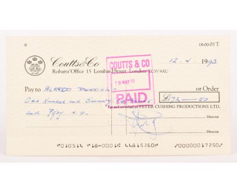 Peter Cushing (1913-1994) - Coutts & Co cheque, dated 12.v.1993, handwritten and signed by the actor in his familiar blue ink