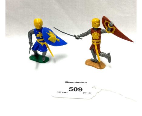 Timpo - Medieval Knights [Swoppet type] Range [1966], RARE BLUE / YELLOW VARIANT, comprising: Foot Knight with Battle Axe, Mo