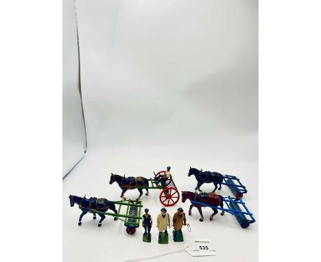Britains - Set 8F - Horse Rake, [Early Post War Version], comprising: Green Rake with Red Spoked Wheels, Seated Farmer &amp; 