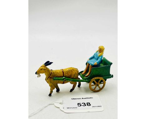 Charbens - Girl Riding in Goat Cart Set, comprising: Green Cart with Yellow Wheels, Fawn Coloured Goat, Seated Girl in Blue D