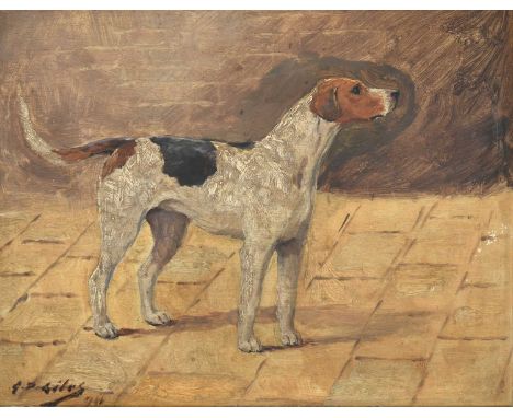 Geoffrey Douglas Giles (1857-1941) Foxhound standing in a kennel  Signed and indistinctly dated, oil on board, 26cm by 33.5cm