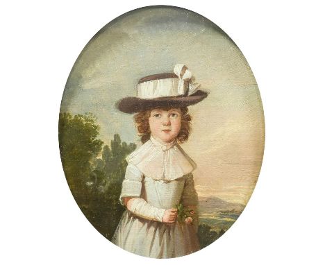 British School (19th century) Portrait of a young girl, three quarter length, wearing a brimmed hat and holding a sprig of Ro
