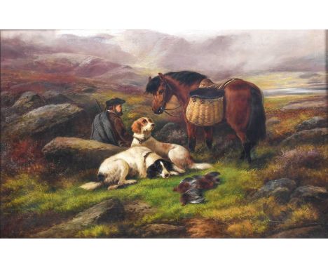 John W Morris (1865-1924) Sportsman with resting dogs and pony in the Highlands  Signed, oil on canvas, 56.5cm by 86.5cm  Unl