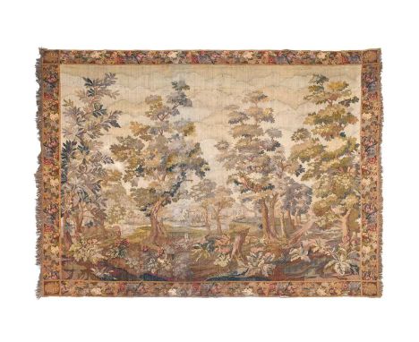 Aubusson Tapestry18th/19th CenturyVerdure tapestry, the field depicting a rural wooded scene with a river and castle beyond, 