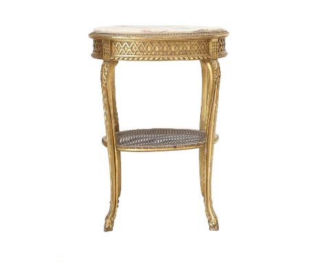 A Late 19th Century Carved Giltwood and Marble-Top Two-Tier Occasional Table, in Louis XV style, the later cream and red vein