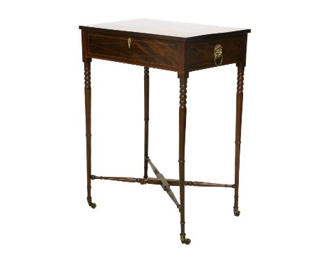 A Regency Mahogany, Boxwood, Ebony-Strung and Crossbanded Side Table, early 19th century, the hinged lid with reeded edge enc