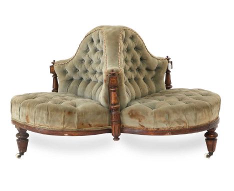 A Victorian Walnut and Marquetry-Inlaid Three-Seater Conversation Sofa, 3rd quarter 19th century, covered in buttoned green v