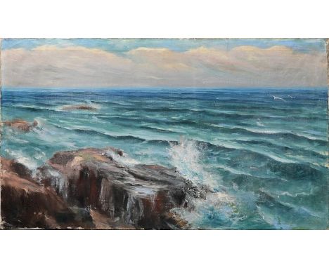 Hosperger, Emanuel. 1891-1984Seestück. Öl auf Leinwand, li. u. sign., li. unt. Ecke schadhaft, 69 x 117 cm, ohne Rahmen. Eman